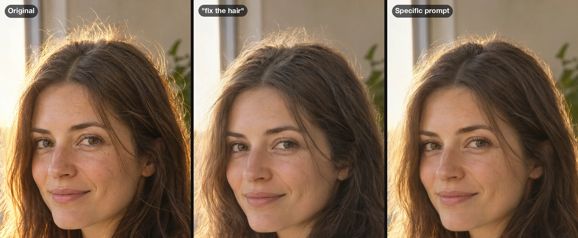 Three head-and-face crops of the same portrait: the original with a glowing halo, the result of the prompt fix the hair with rewaved hair and some halo left, and the result of the specific prompt with most of the halo removed and the part kept