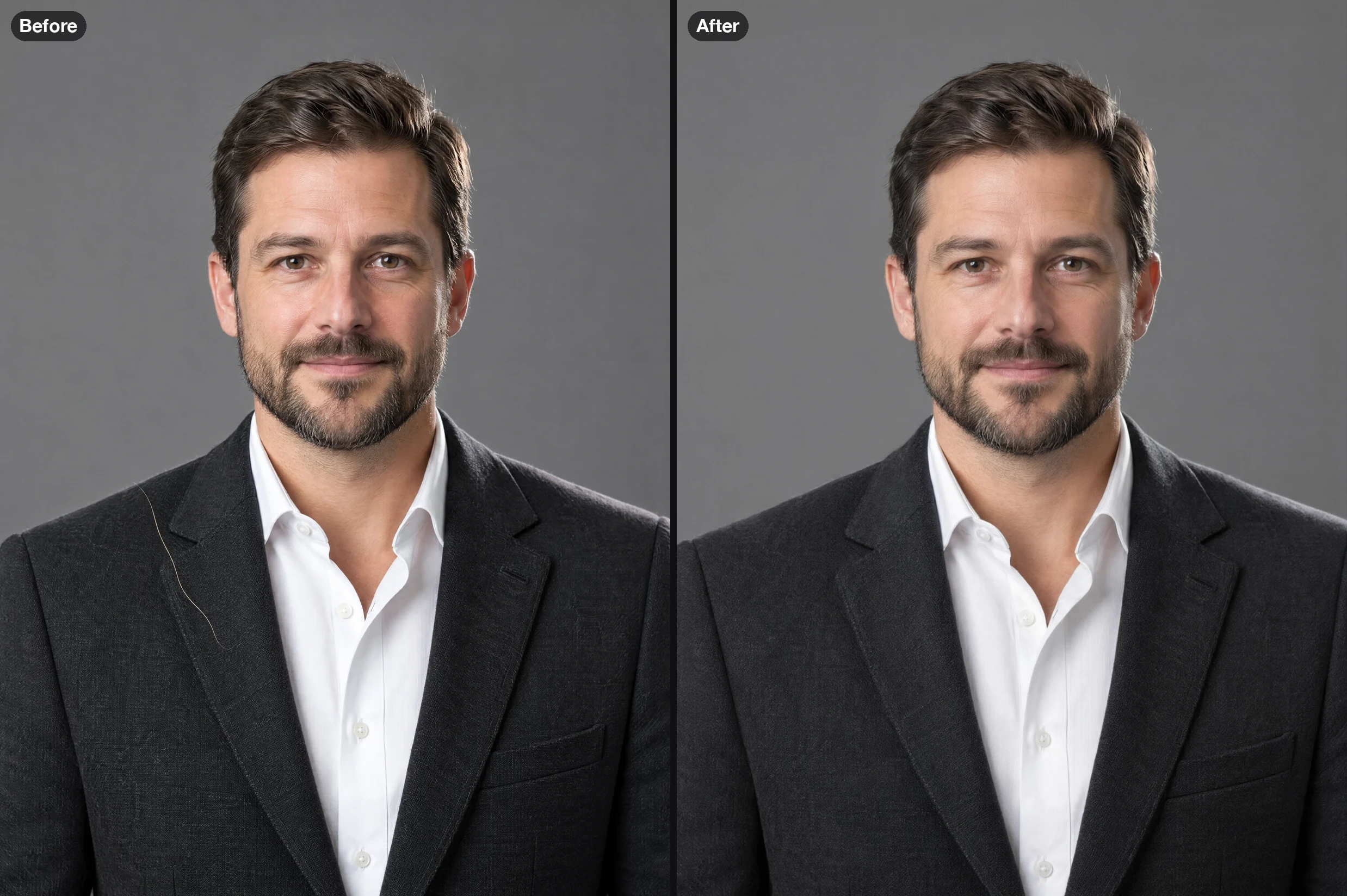 A man in a charcoal blazer with one loose blonde hair across the lapel, and the edited headshot with the hair removed and the fabric texture intact