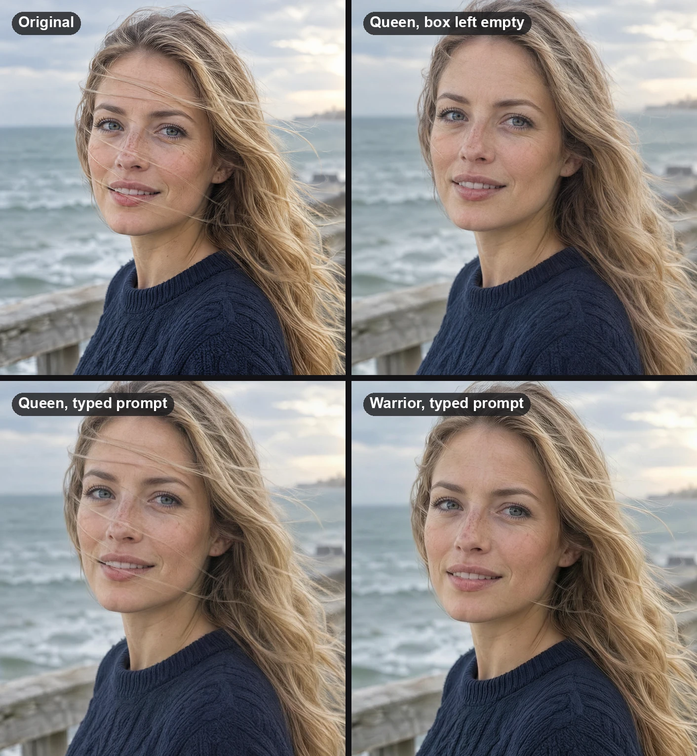Four versions of a windblown portrait: the original with strands across her face, Imagera Queen with the prompt box empty, Imagera Queen with a typed prompt that left the strands, and Imagera Warrior with the same prompt, strands removed