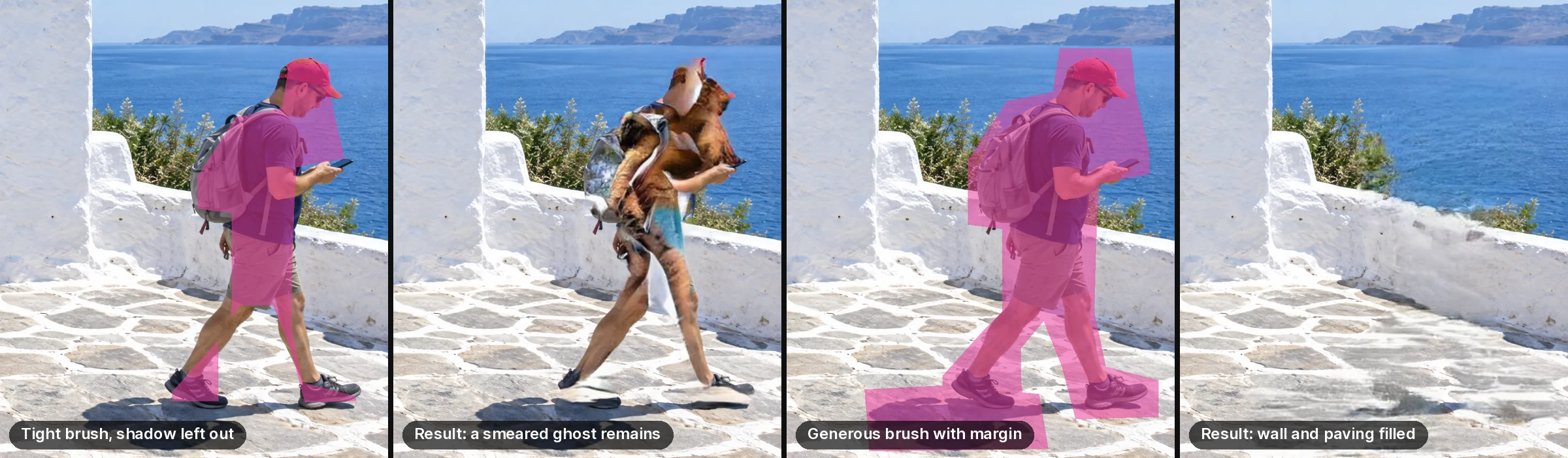 Two removals of the same tourist: a brush kept inside his outline leaves a smeared ghost; a brush covering him, his shadow and a margin removes him, and the filled wall and paving pass at a glance but show streaks and dark smudges up close