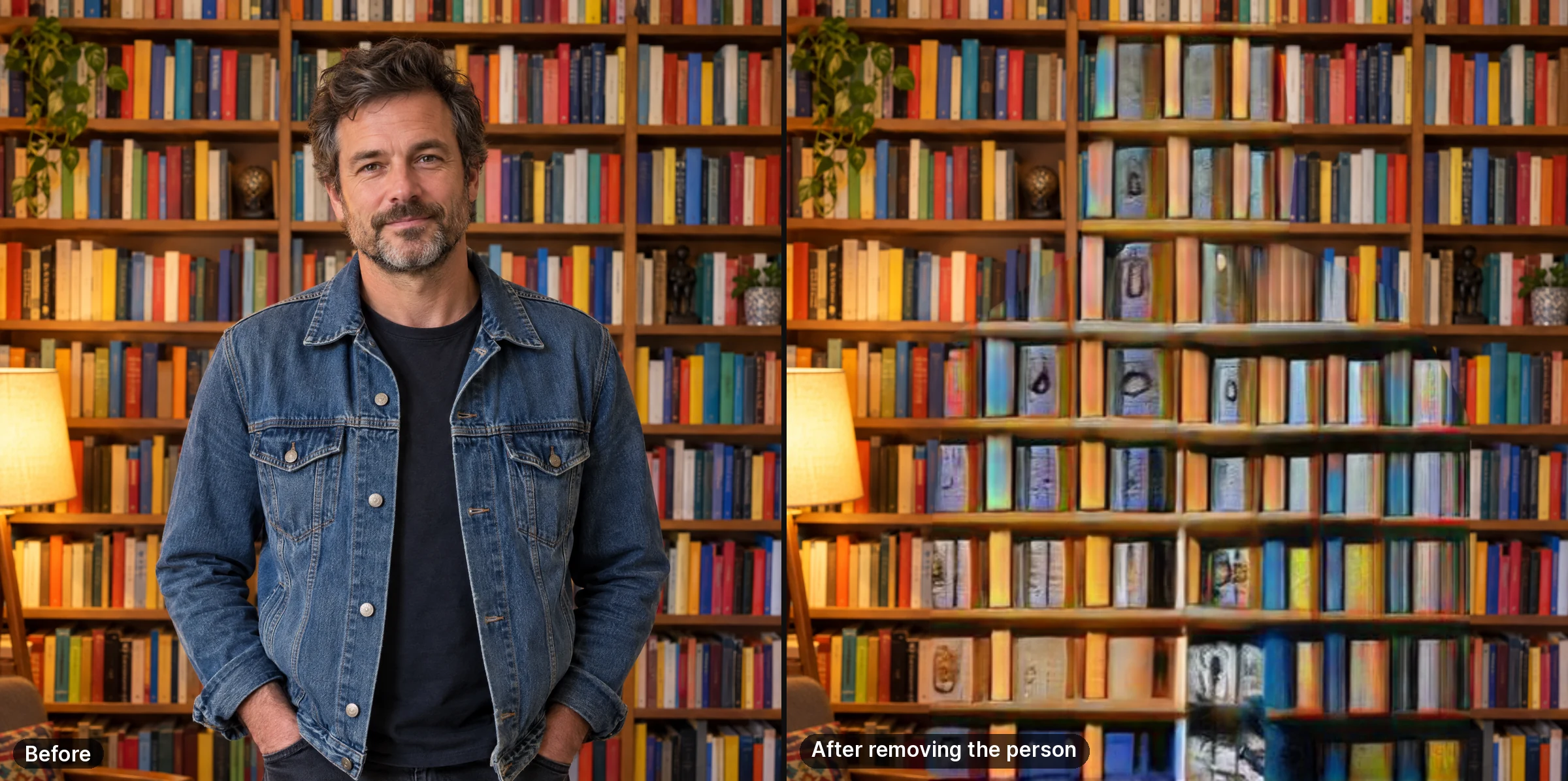 A generated photo of a man in front of a packed bookshelf, and the result after removing him: the filled area shows blurred, washed-out book spines with dark smudges