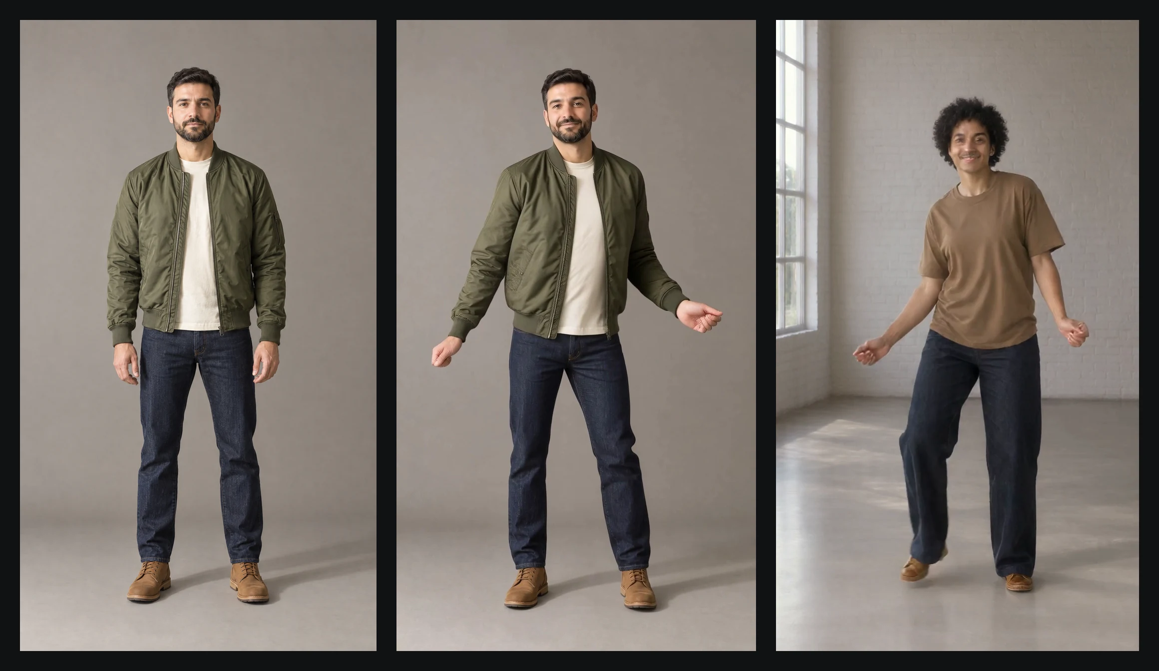 Three panels: the bearded man's full-body photo, the Imagera Motion output of him dancing on the grey backdrop, and the Imagera Open output showing a different curly-haired person in a brown t-shirt dancing in the brick studio