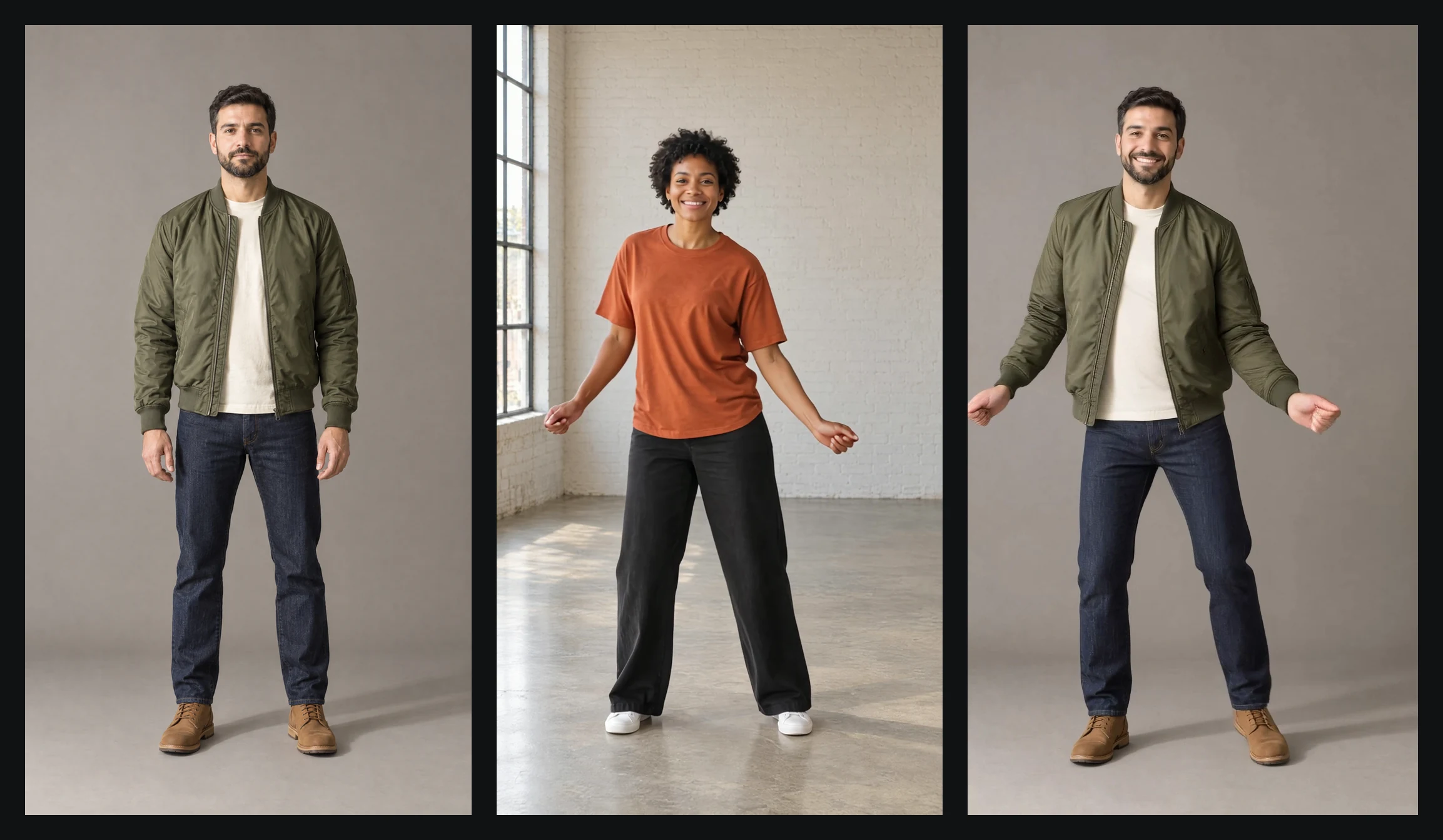 Three panels: a full-body photo of the invented bearded man on a grey backdrop, a frame of the dancer mid side-step in the brick studio, and the bearded man making the same side-step on the grey backdrop