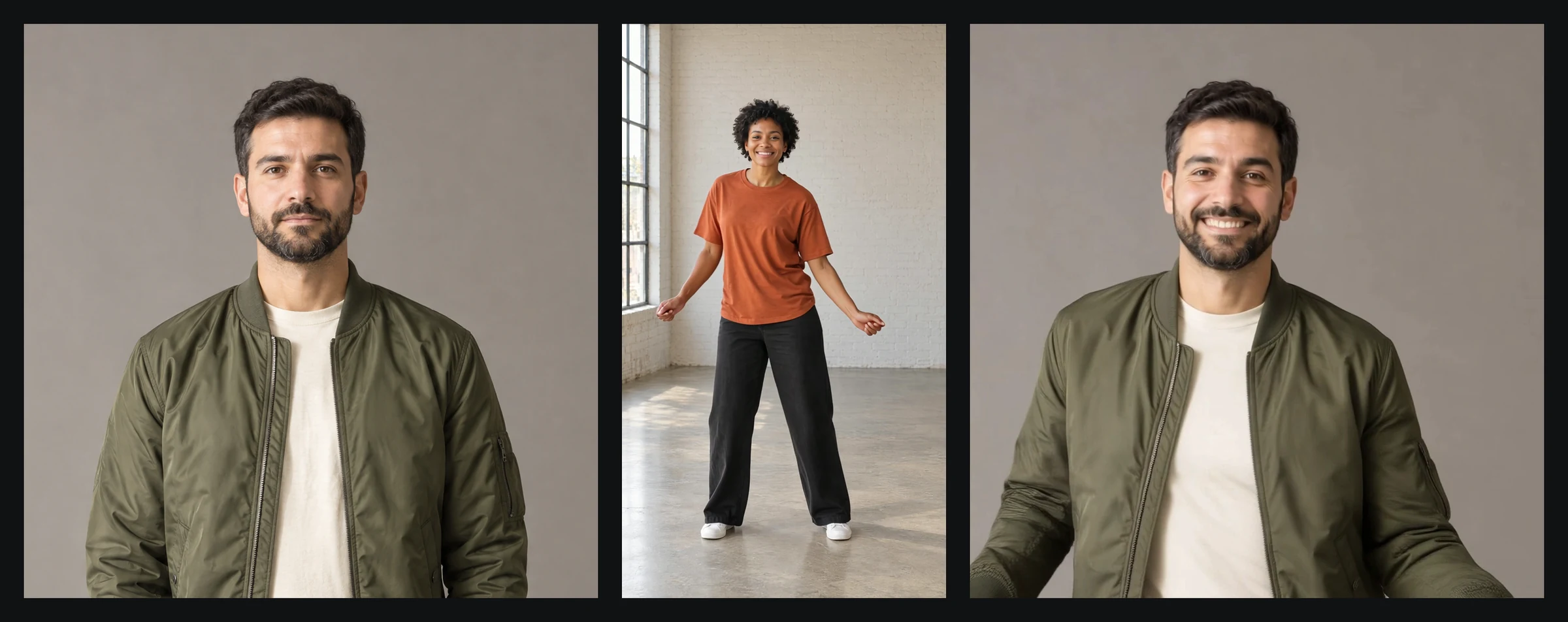 Three panels: a square chest-up crop of the same man, a frame of the dancer mid side-step, and a square chest-up output where the man smiles and his arms swing out of frame