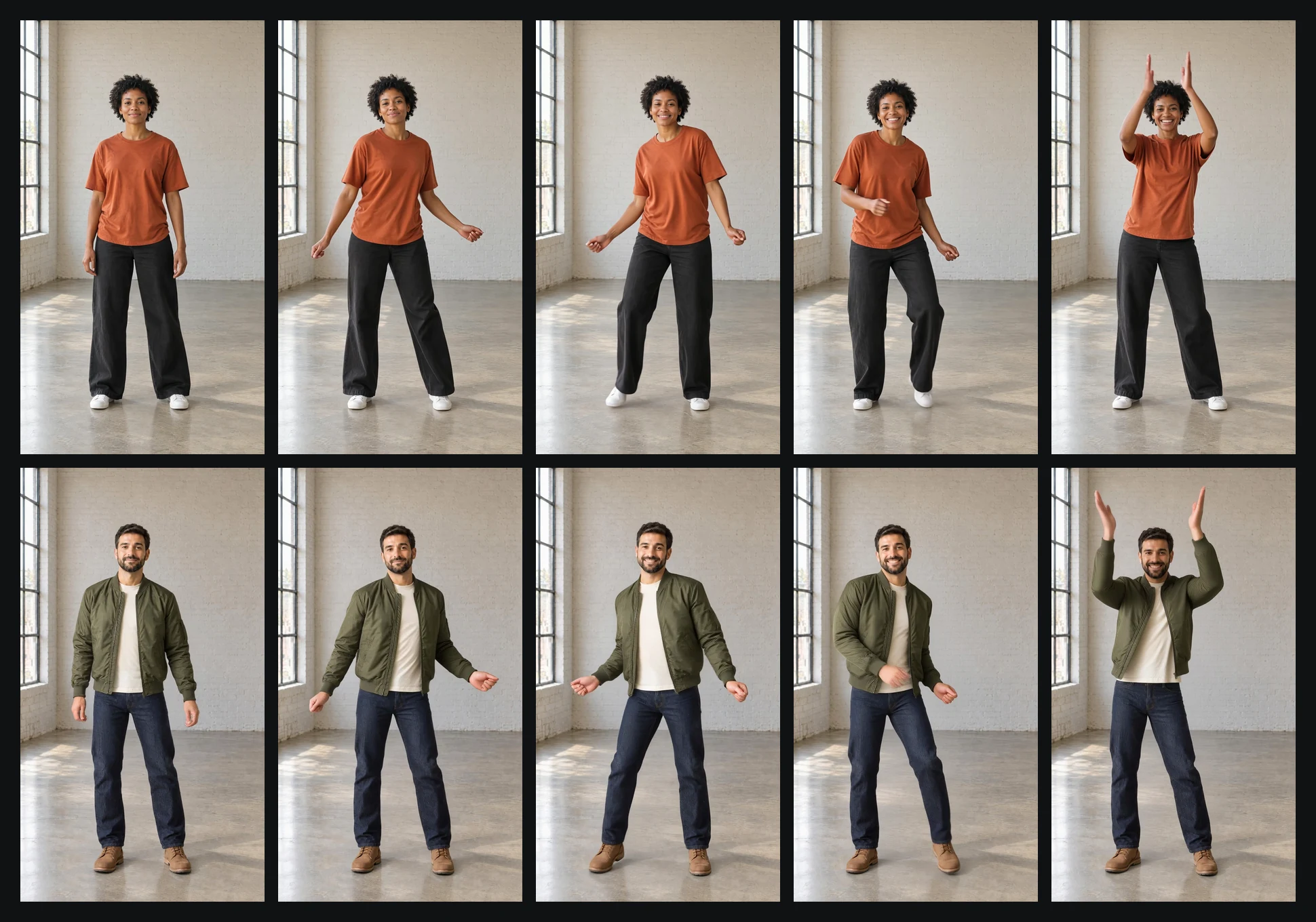 Two rows of five frames: the dancer in the top row and the bearded man in the bottom row, matched at 0.4, 1.3, 2.2, 3.1 and 4.4 seconds from the start through the side steps to the double clap