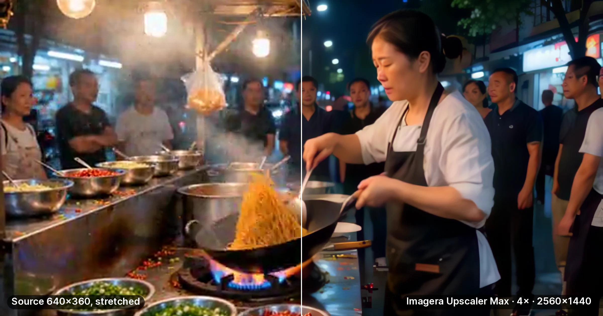 A grainy night street-food video frame split down the middle: the stretched 640 by 360 source on the left, the same frame after Imagera Upscaler Max 4× to 2560 by 1440 on the right