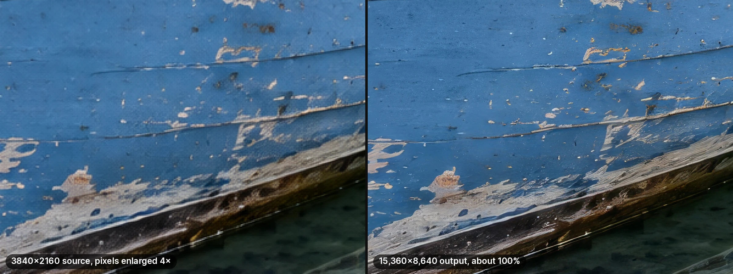 Chipped blue boat paint: the 3840-pixel source with pixels enlarged four times, beside the 15,360-pixel output at about 100%