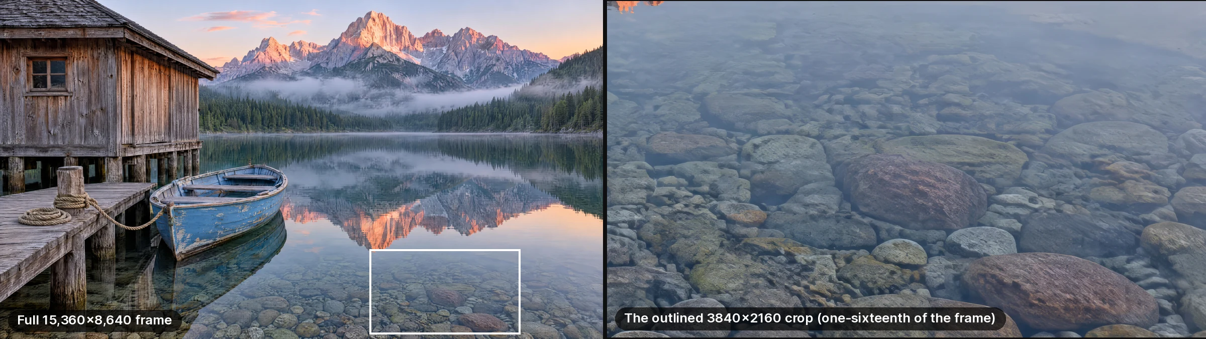 The 15,360-pixel frame with one-sixteenth outlined, and that 3840 by 2160 crop of lake-bed pebbles shown on its own