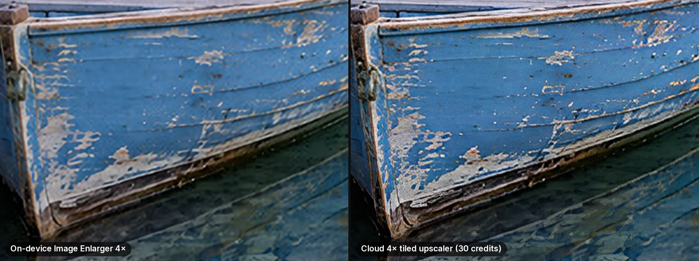The same boat detail enlarged four times two ways from a 1024-pixel source: the on-device Image Enlarger keeps it clean but soft, the cloud tiled upscaler sharpens the paint flakes and wood grain