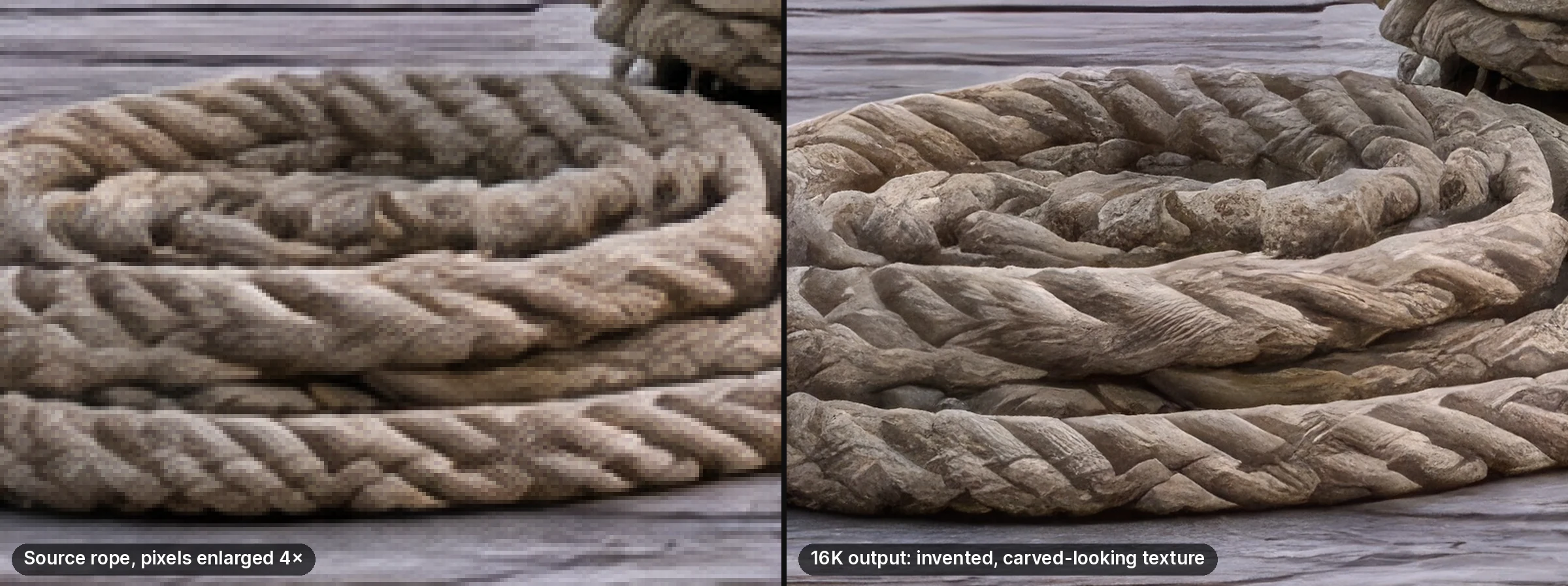 A coiled mooring rope: the 3840-pixel source enlarged four times, and the 16K output where the rope has invented, carved-looking texture instead of twisted fibres