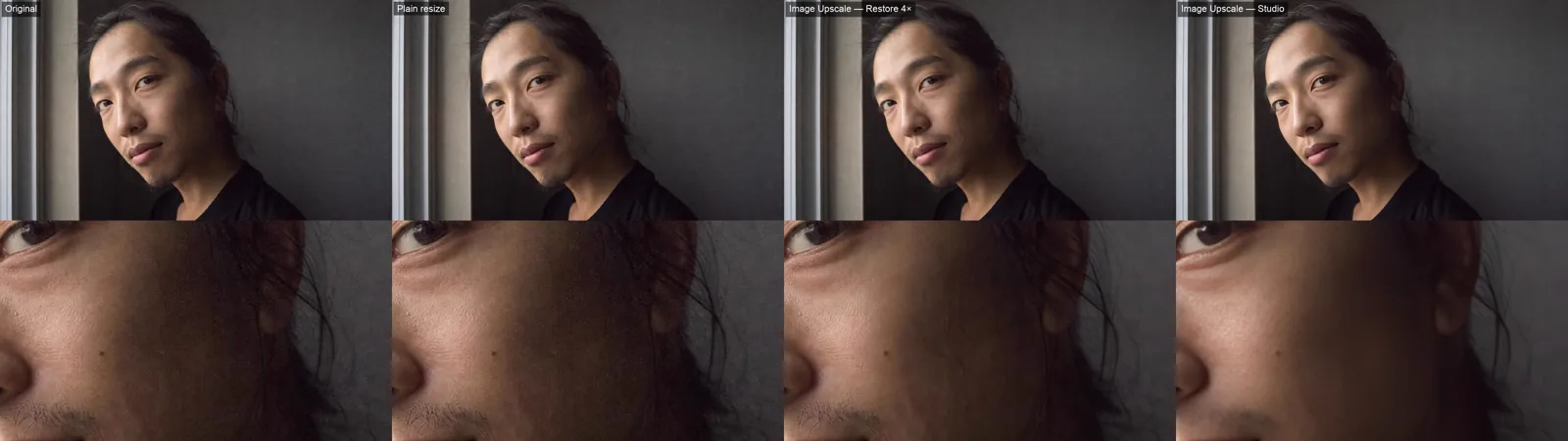 AI-generated test portrait of a man with long dark hair enlarged four ways: original, plain resize, Restore 4× and Studio, with zoomed crops of cheek skin and hair