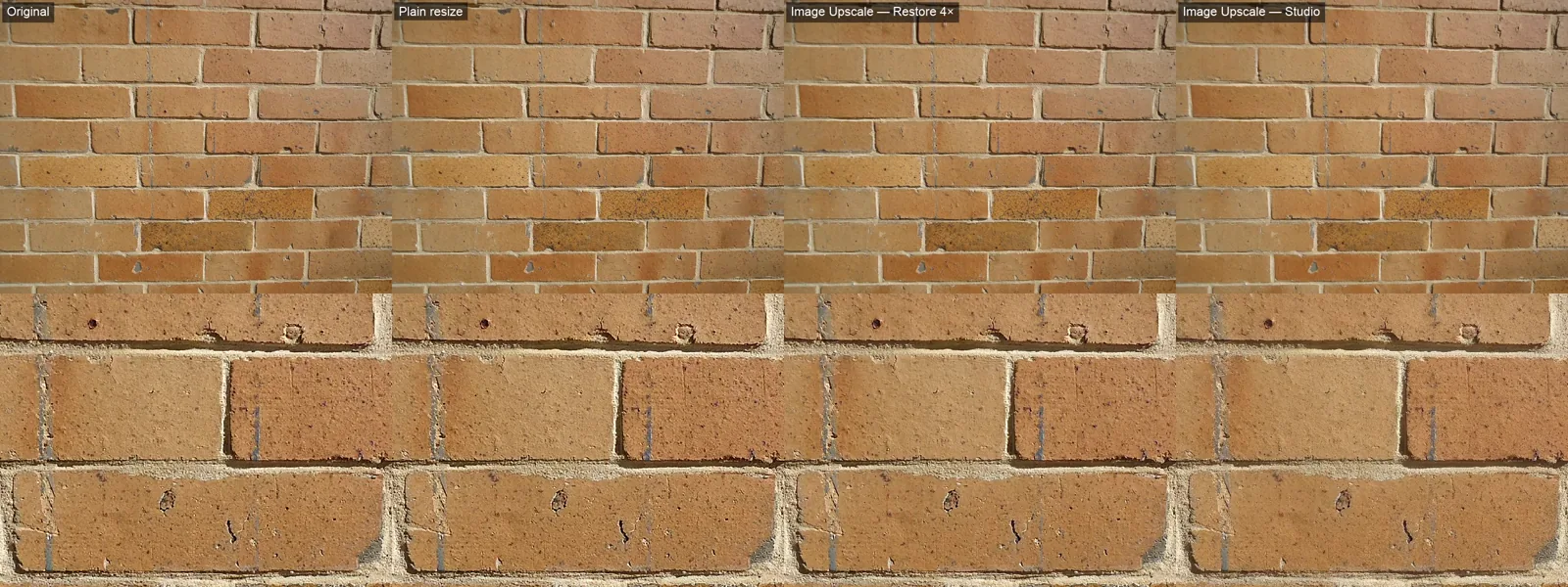 Close-up of a weathered brick wall enlarged four ways, with zoomed crops of brick texture and mortar