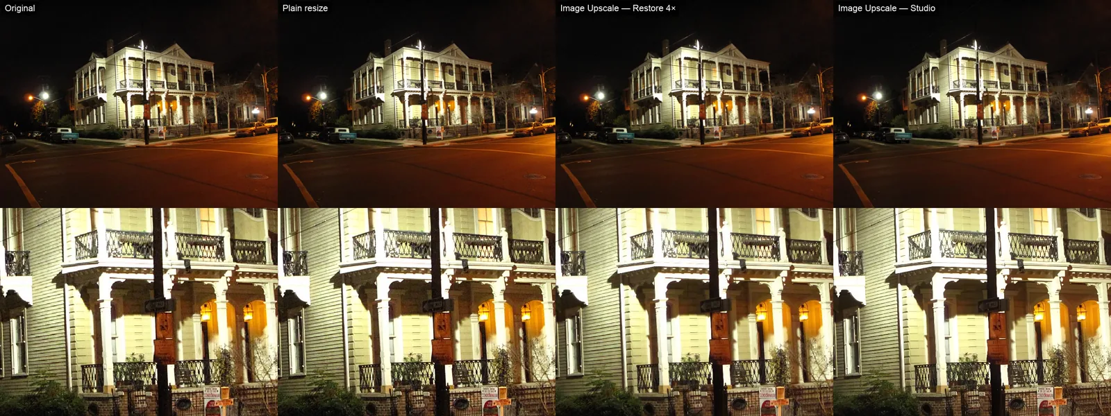 Night photo of a New Orleans house with balconies under street lights, enlarged four ways, with zoomed crops of the porch and railings
