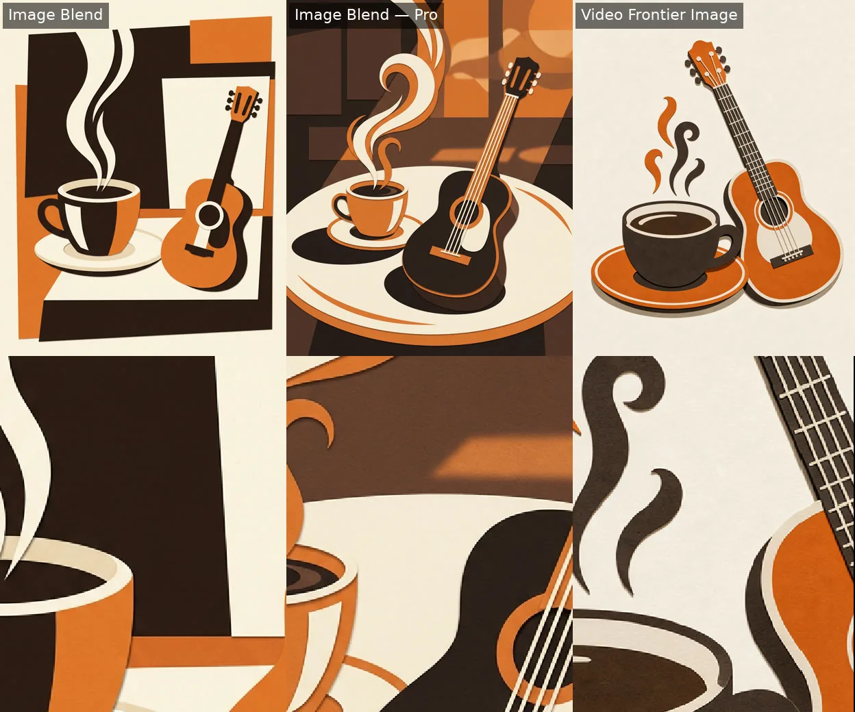 Three AI artworks of a steaming coffee cup and acoustic guitar in cut-paper style, espresso brown, cream and orange, with no text, plus zoomed crops