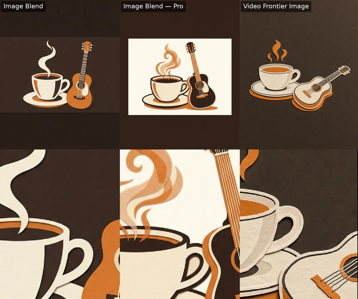 Three AI artworks of a coffee cup and guitar centred on dark brown with empty space above and below for text, plus zoomed crops