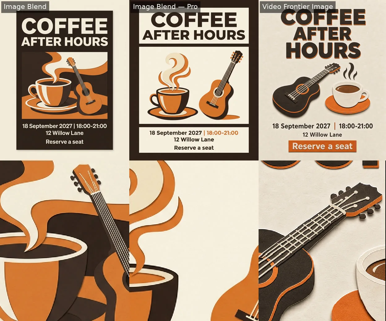 Three AI posters reading COFFEE AFTER HOURS with a coffee cup, guitar, date, address and Reserve a seat, plus zoomed crops