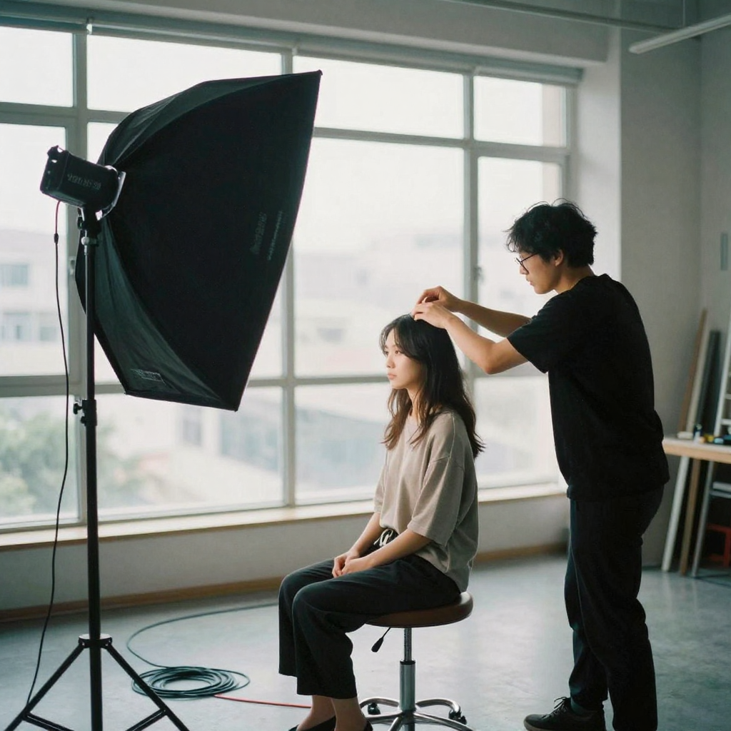 A photographer in a modern studio adjusting a large softbox over a seated model, cables and light stands around, cool daylight balanced light