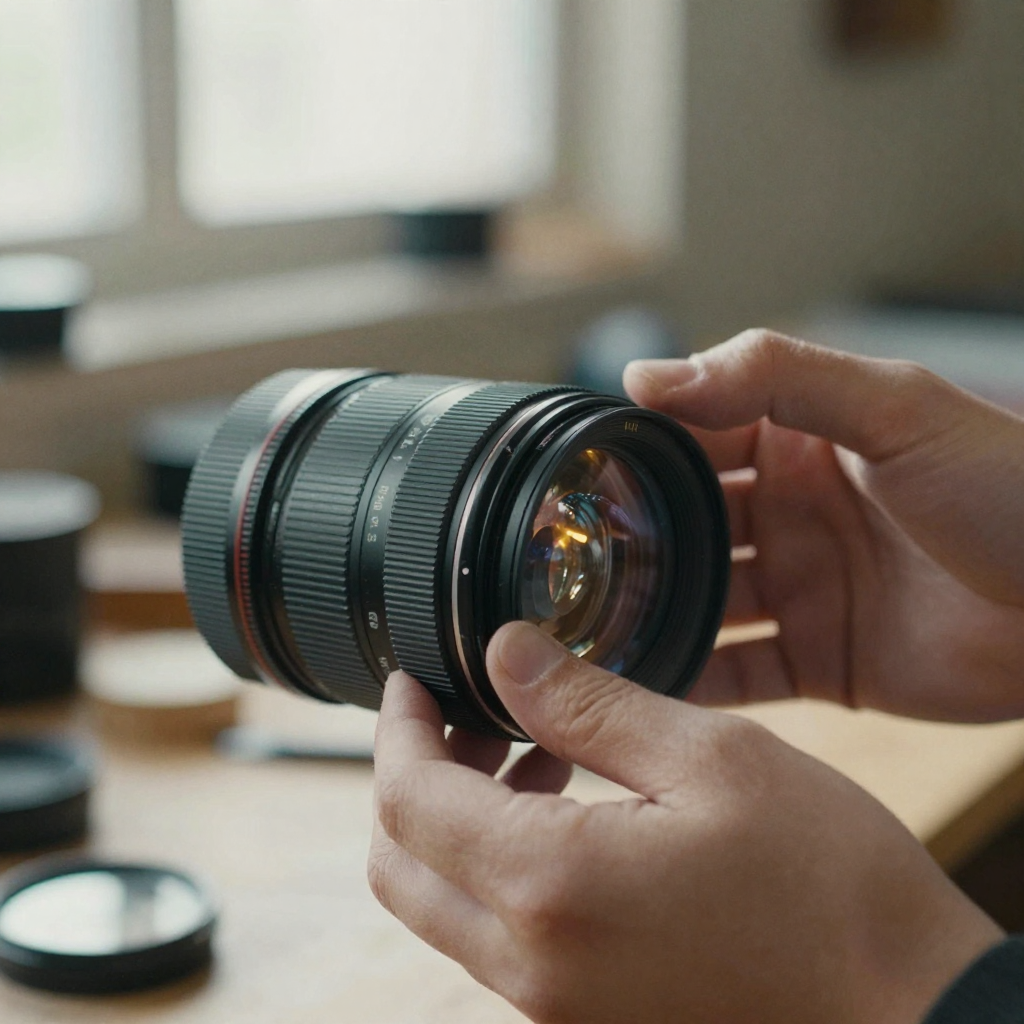 Close-up of a hand adjusting the aperture ring on a professional camera lens, shallow depth of field, warm workshop light glinting off the glass