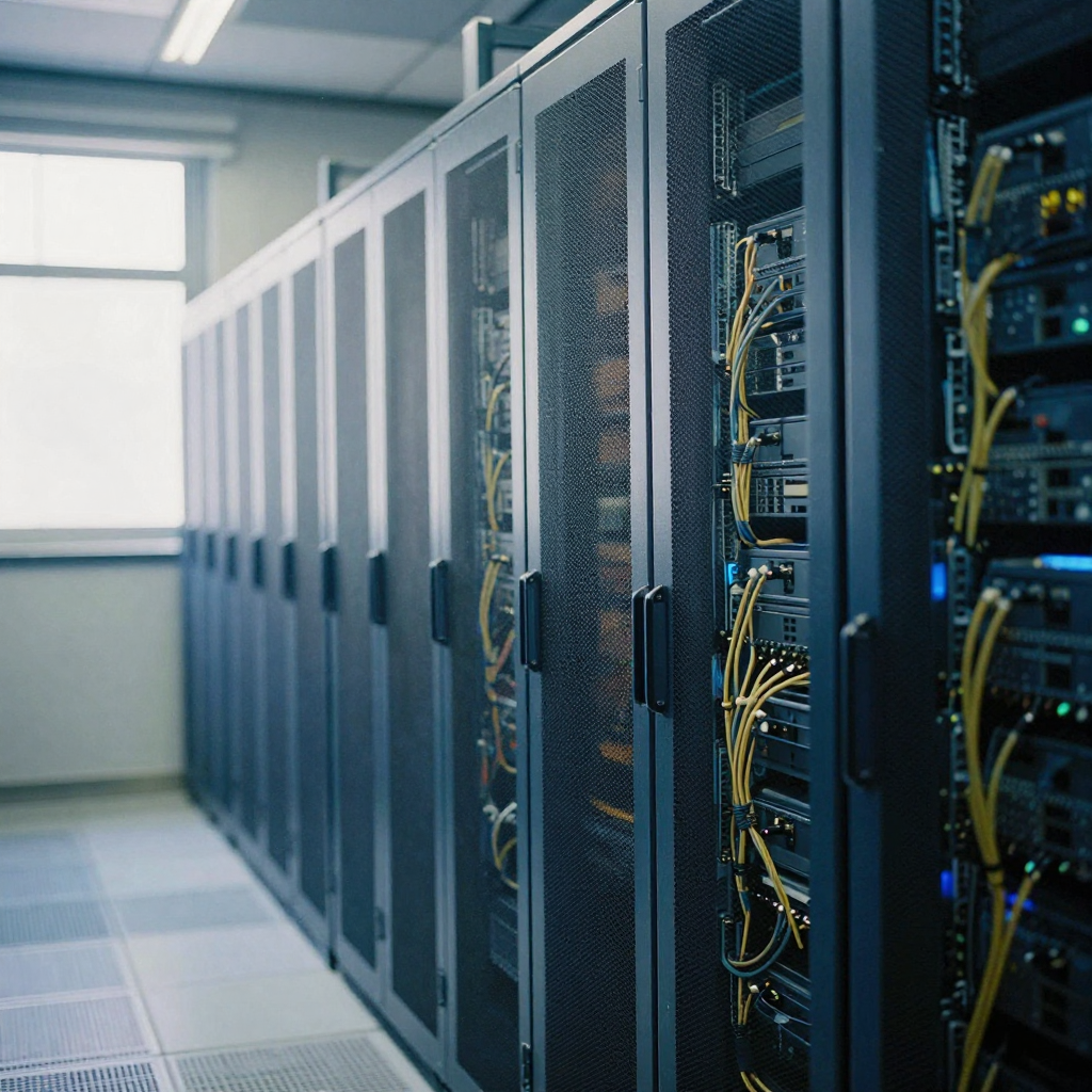Rows of glowing server racks in a cool blue data center corridor, thin ambient light, cables neatly bundled, no screens visible