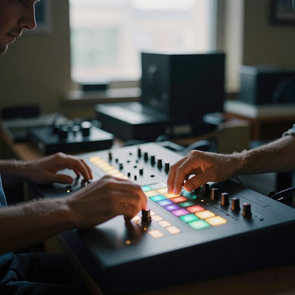 A colorist's hands on a control-surface trackball panel in a dim grading suite, colored LED glow reflecting on their face, cinematic mood
