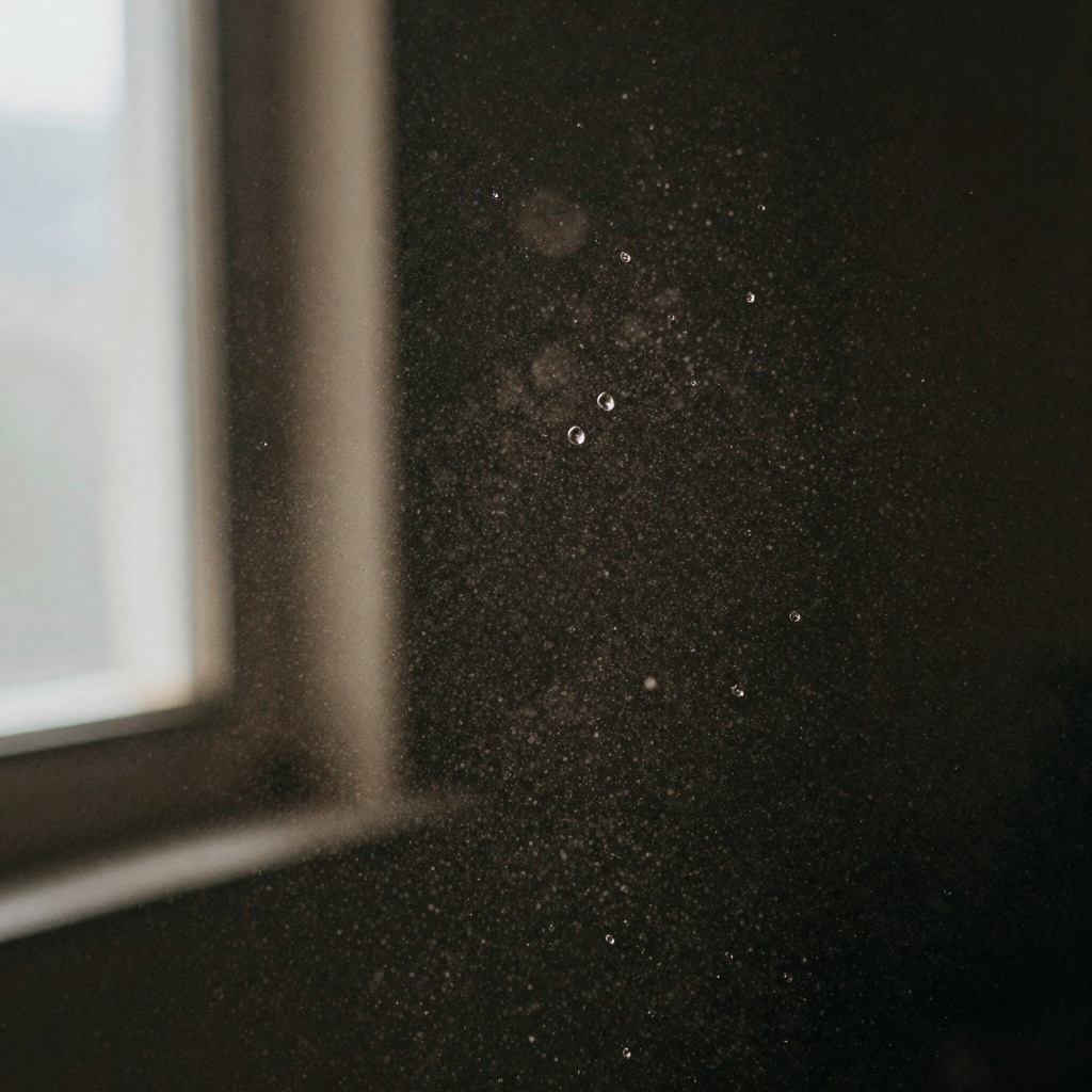 A macro shot of water droplets and dust particles suspended in a beam of studio light against black, abstract representation of fine detail