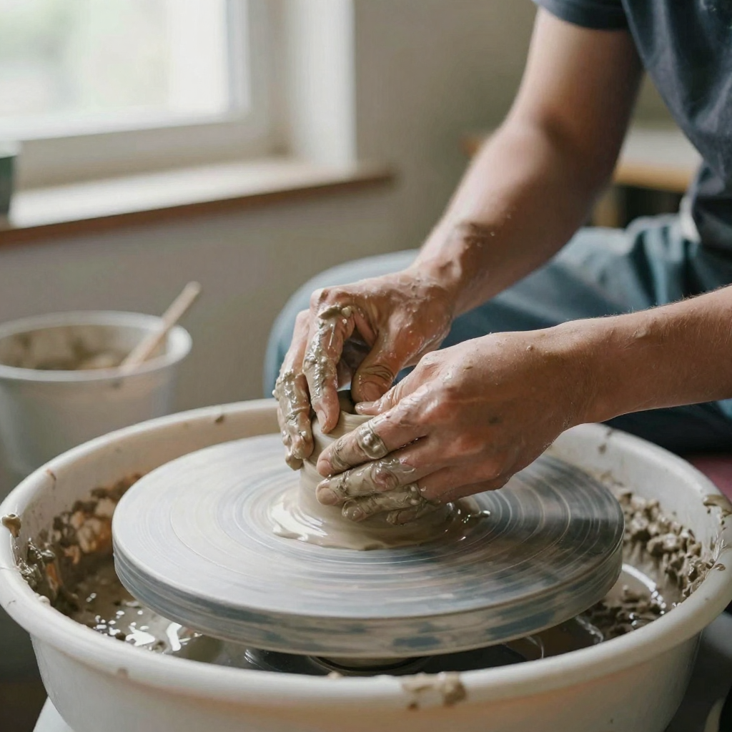 A ceramic sculptor's hands shaping wet clay on a spinning wheel in a sunlit workshop, water and grit on their fingers, warm daylight