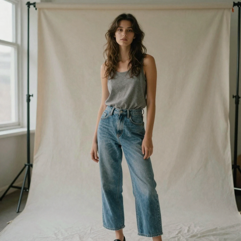 a fashion model posing in a studio look-book photoshoot with soft even lighting, seamless backdrop