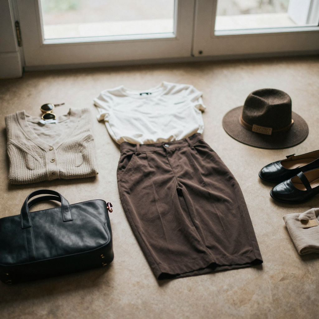 a stylish outfit flat-lay of clothing and accessories arranged neatly on a warm neutral surface