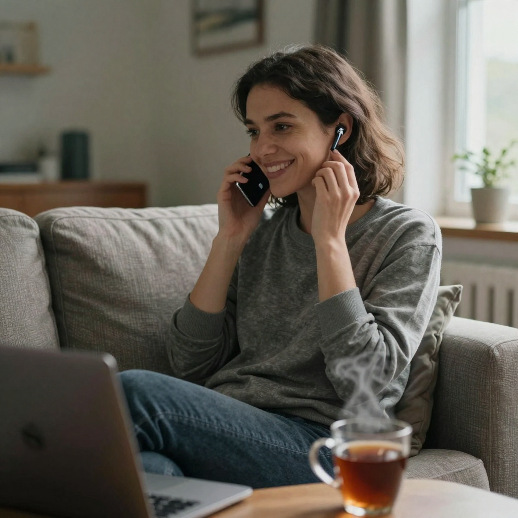 A woman on a sofa smiling as she speaks into wireless earbuds during a call, cozy living room lamplight, a mug of tea st