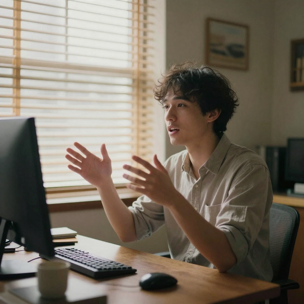 A job seeker in a quiet home office rehearsing aloud, gesturing mid-sentence as if answering a question, warm afternoon