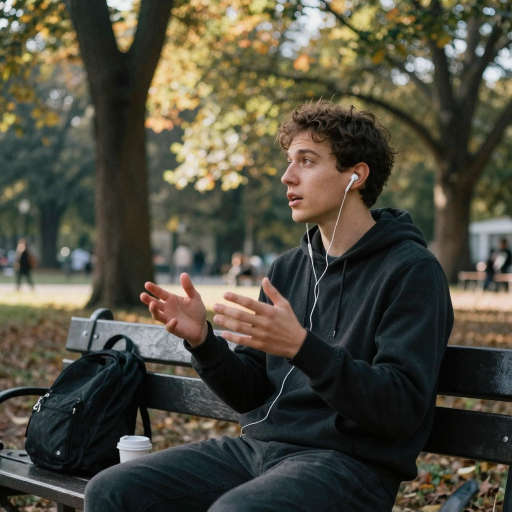 A language learner on a park bench talking with earbuds in, hands animated in conversation, dappled sunlight through aut