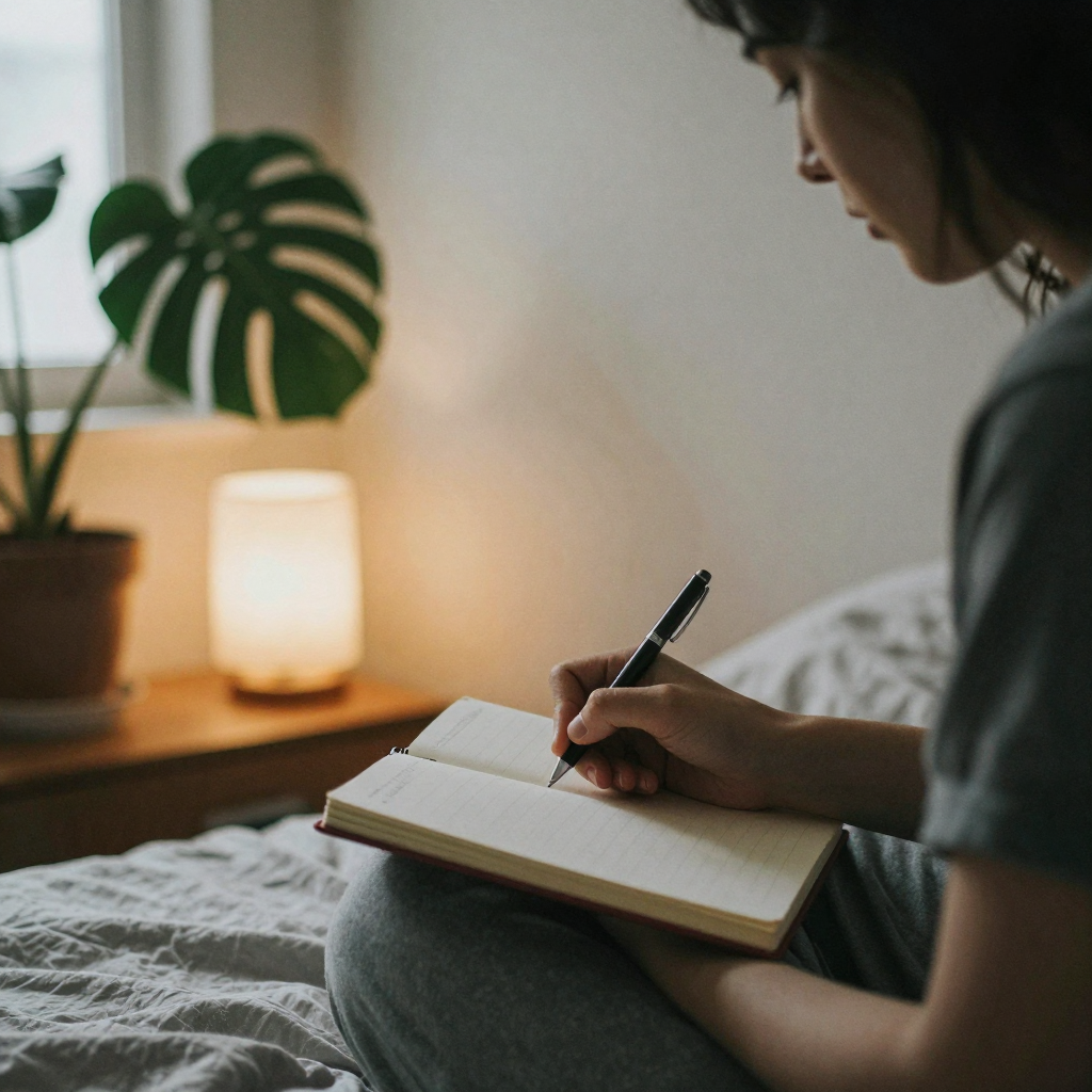 A person journaling in a soft-lit bedroom at night, pen paused over a notebook, a warm lamp and a leafy plant casting ge