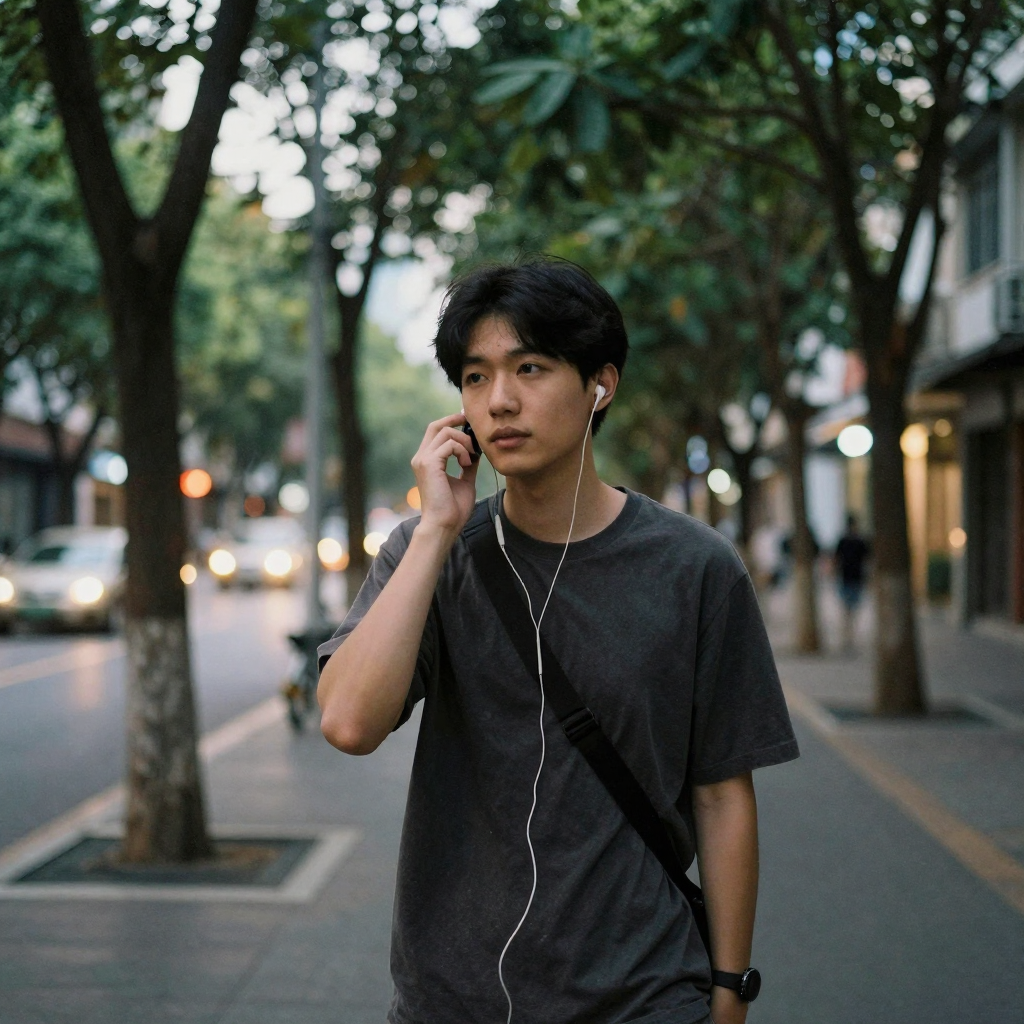 A young man walking a tree-lined evening street speaking into an earbud, city lights glowing softly out of focus, a calm