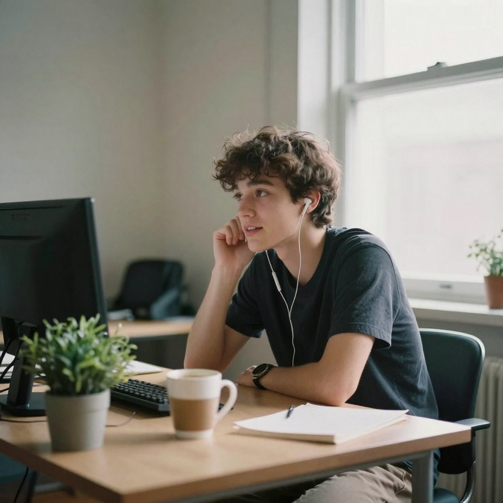 A student at a tidy desk with a cup of coffee and a small potted plant, leaning back mid-conversation with earbuds in, m