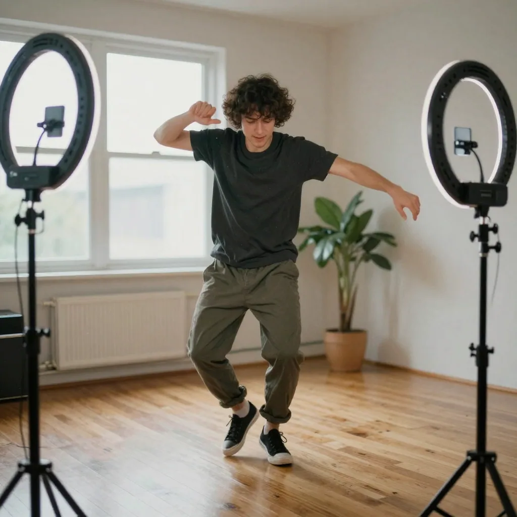 A content creator dancing energetically in a bright home studio, arms extended mid-motion, a ring light glowing off-fram