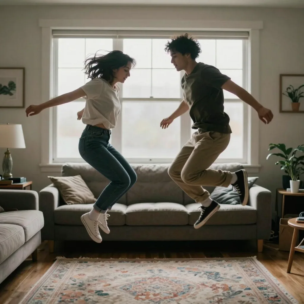 Two friends performing a synchronized dance move in a living room, mid-jump, natural window light and a rug beneath thei