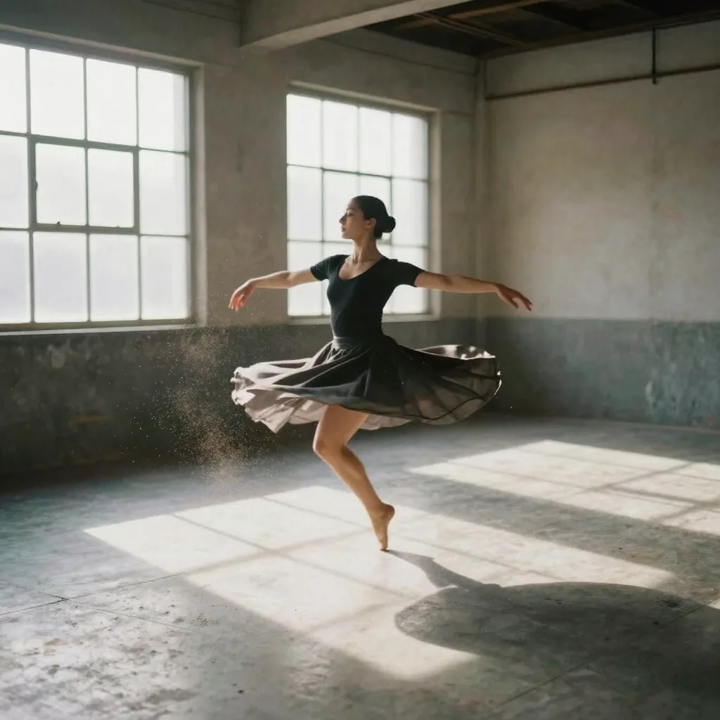 A dancer frozen mid-spin in an empty warehouse space, dust motes in a shaft of light, dramatic shadow stretching across