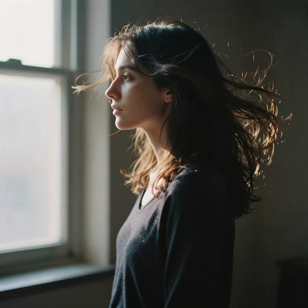 A profile portrait of a woman turning her head, hair caught in motion, warm rim light separating her from a dark studio