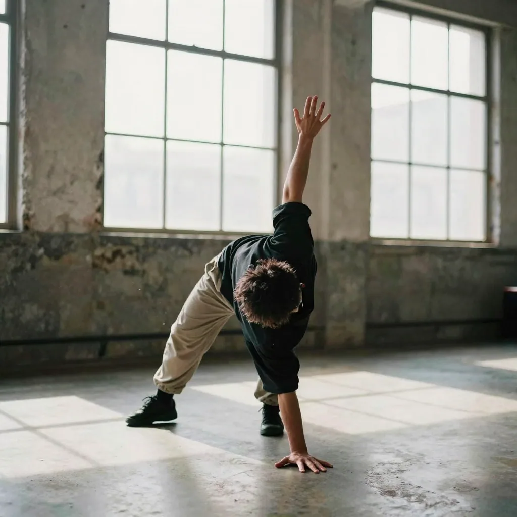 A performer in a bright loft rehearsing a hip-hop pose, one hand planted on the floor, the other reaching up, sunlight t
