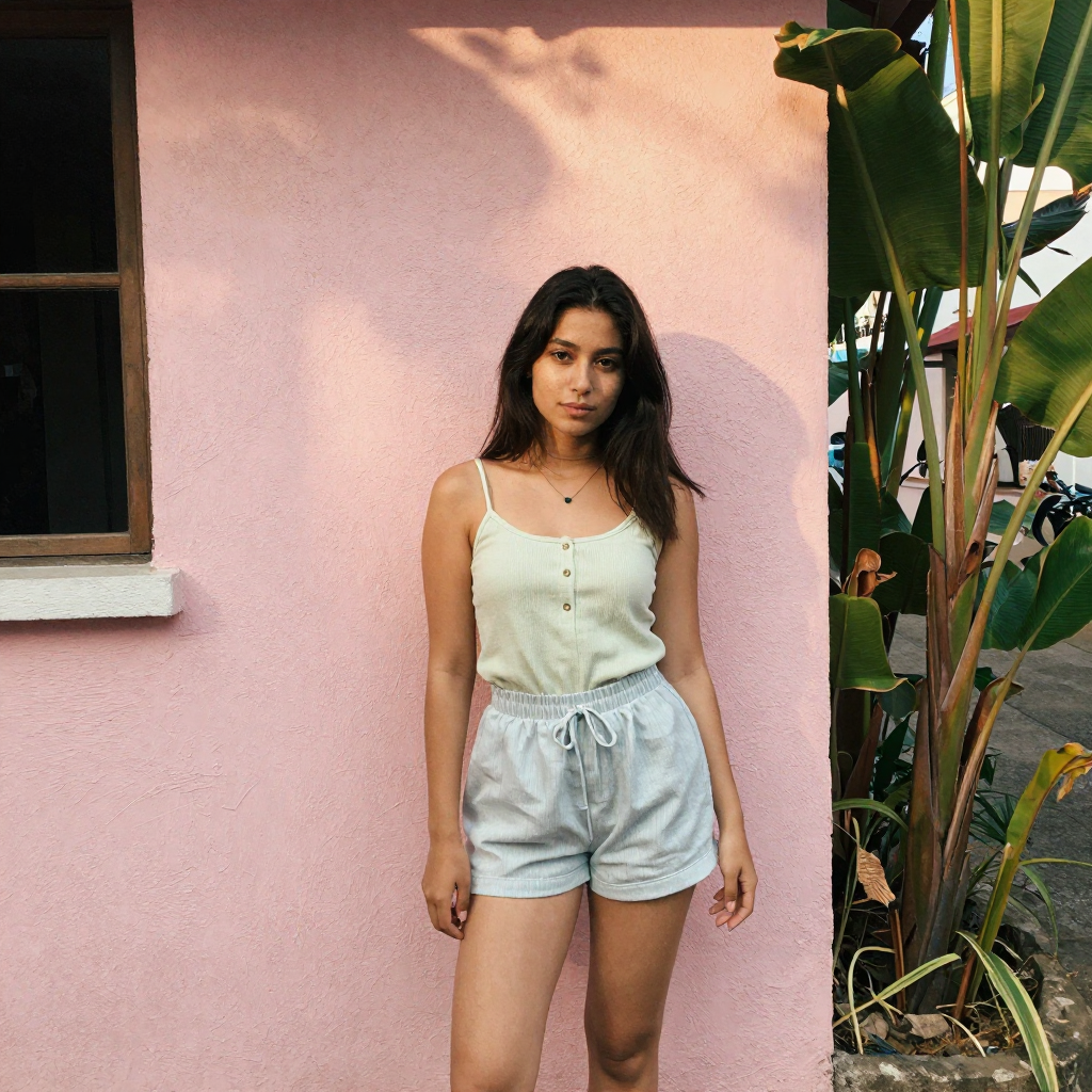 A young woman in a pastel outfit posing on a sunlit pink stucco wall, candid social-media pose, warm afternoon light, tropical plants nearby