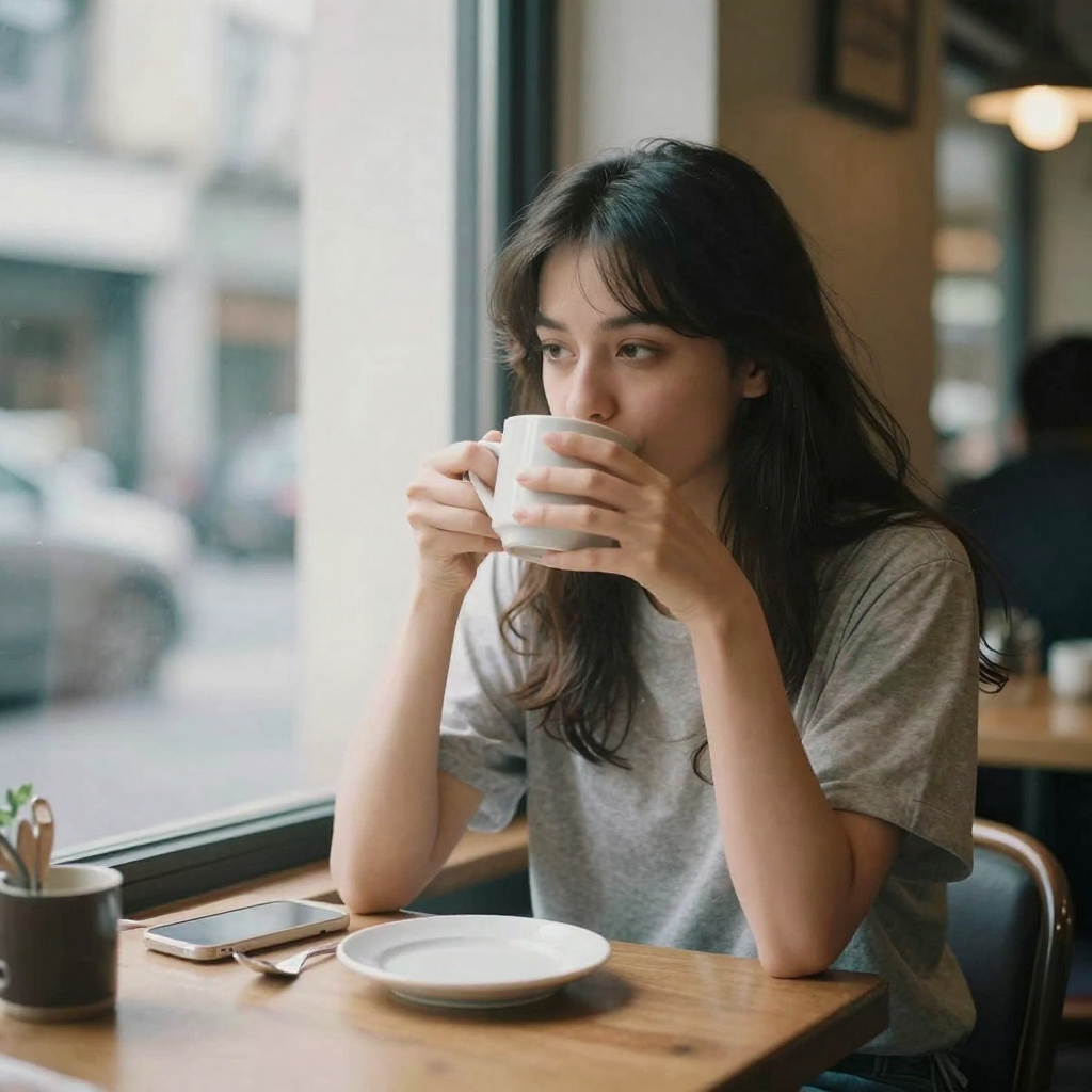 The same-looking model shown in a cafe by a window, sipping from a mug, soft daylight, cozy lifestyle-influencer framing