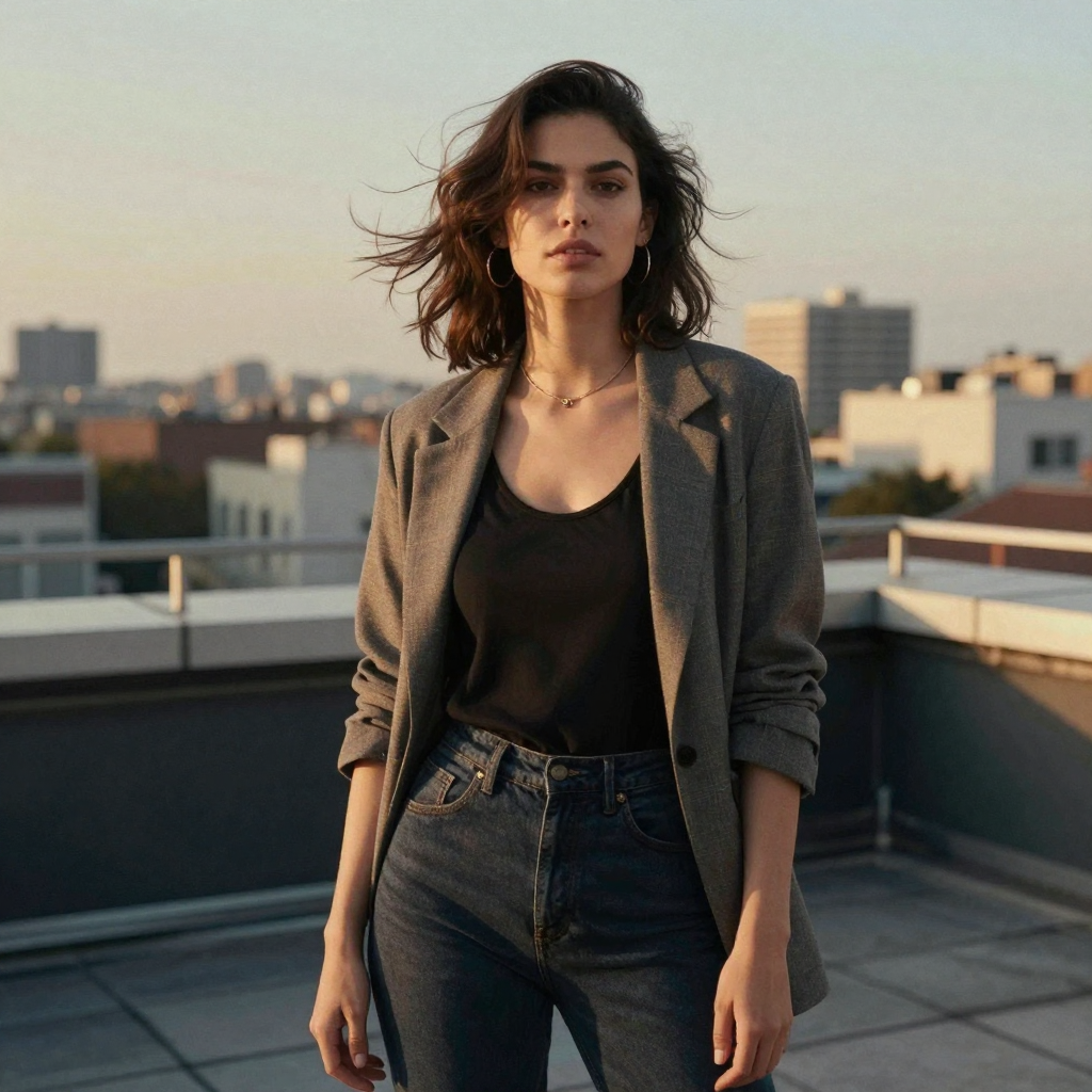 A stylish woman standing on a rooftop terrace at golden hour, city skyline blurred behind, wind lifting her hair, confident relaxed pose