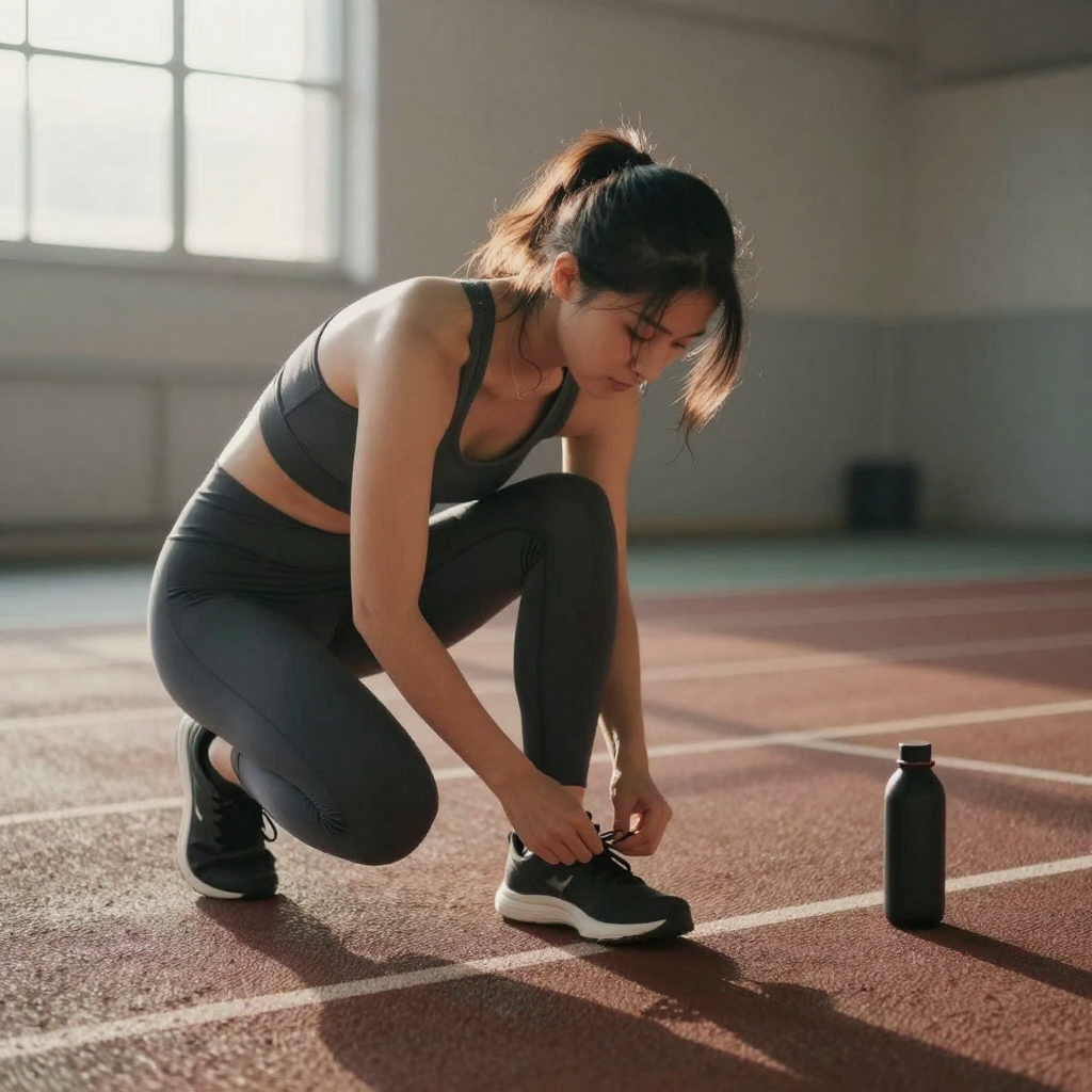A creator in athleisure crouched on a running track at sunrise, tying her shoe, energetic morning fitness-content composition