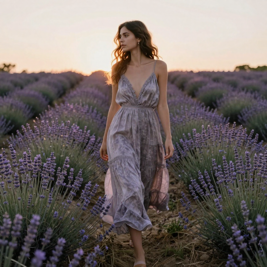 A woman in a flowing dress walking through a lavender field at dusk, editorial fashion feel, dreamy warm backlight