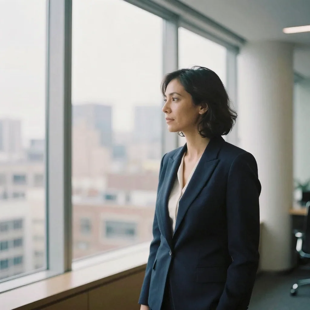 A woman in a navy blazer standing in a bright modern office lobby with floor-to-ceiling windows, a soft-focus city skyli