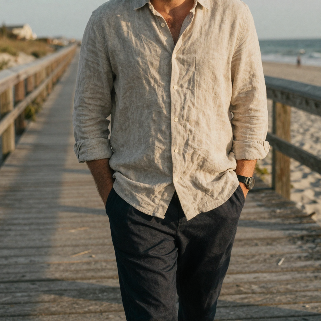 A man in a linen shirt on a beach boardwalk at late afternoon, hands in pockets, warm directional sun casting long shado