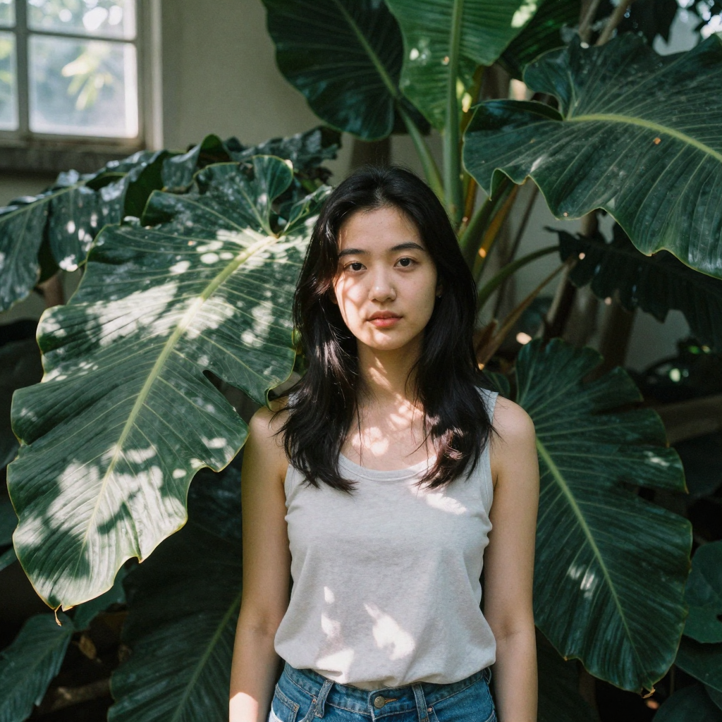 A young woman in a botanical garden, dappled tree light falling across her face, standing beside broad tropical leaves i
