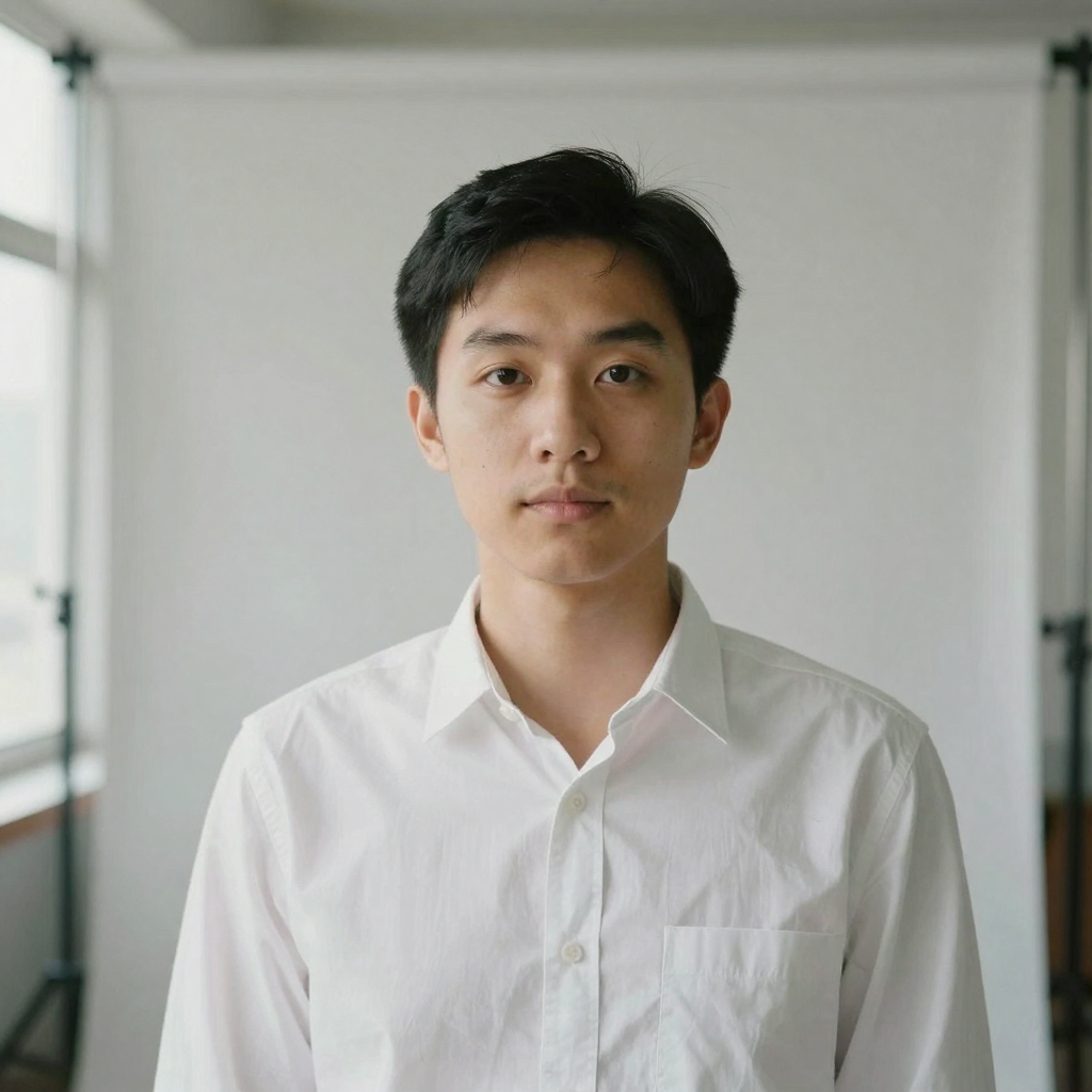 A person in a crisp white shirt posed against a clean light-grey studio backdrop, soft even key light, professional corp