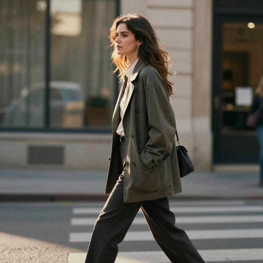 A woman walking mid-stride through a soft-focus urban street at golden hour, warm rim light on her hair, editorial fashi
