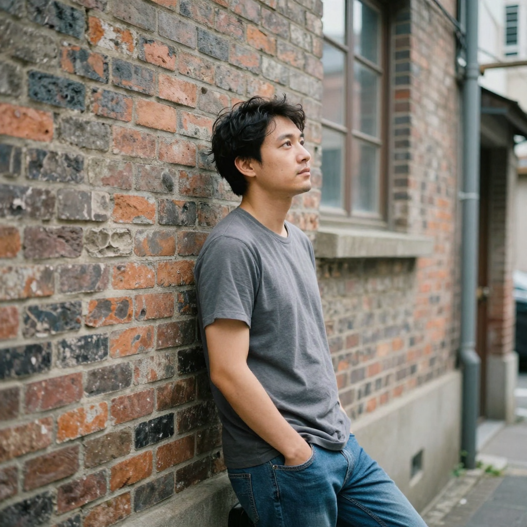 A man leaning casually against a weathered brick wall in an alley at overcast midday, shallow depth of field, natural re